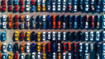Car and manufacturing industry. Aerial view above new cars ready for export.